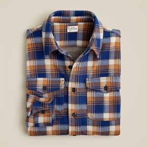 J. Crew Seaboard Soft Knit Shirt Large Brown Blue White Plaid Fall Flannel BV898